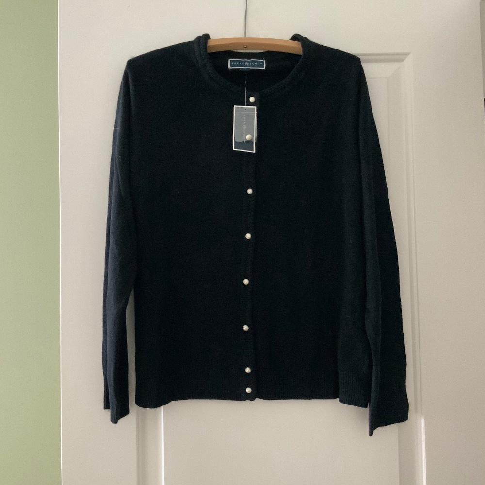 NWT Karen Scott Black Faux White Pearl Buttons Medium